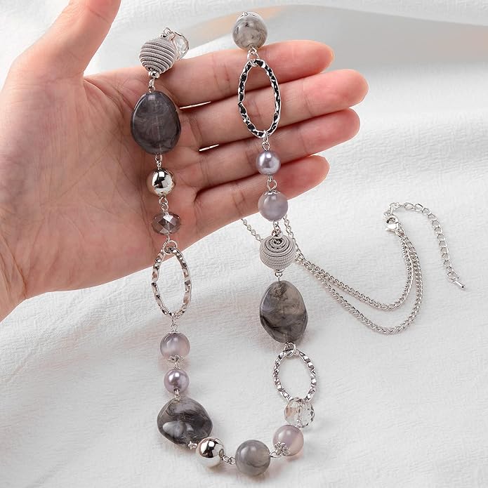 BULINLIN Beaded Long Necklace for Women Silver Sweater Chain Necklace with Crystal Resin Beads, Fashion Jewelry Necklace