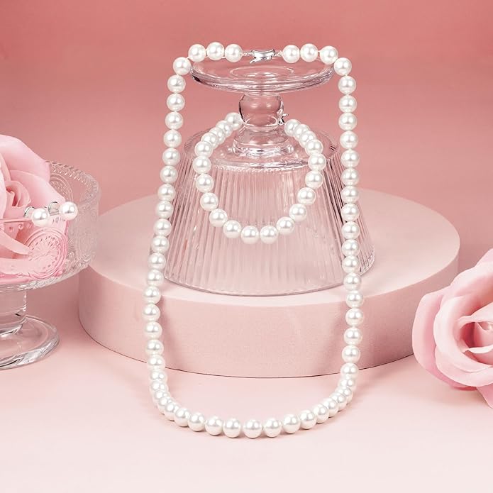 Pearl Necklace and Earring Set Include Stunning Bracelet, Pearl Jewelry Set for Women with Preserved Rose Box