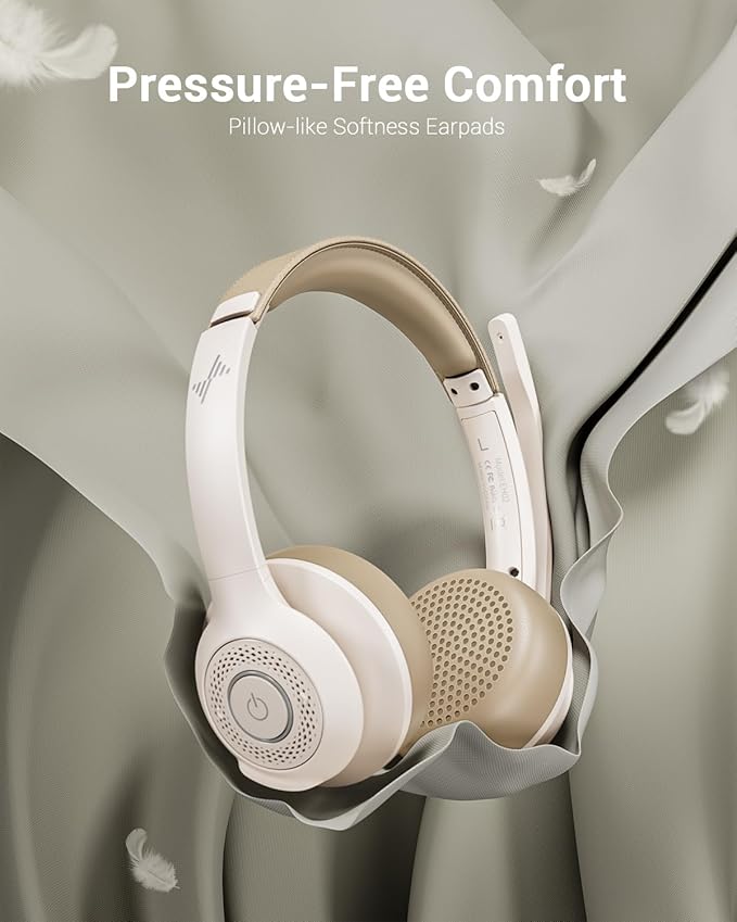 Wireless Headset with AI Noise Cancelling Microphone Bluetooth Headset - Bluetooth V5.2 Headphones with USB Dongle, Charging Base & Mic Mute for Computer/Laptop/PC/iPhone/Android/Cell Phones-White