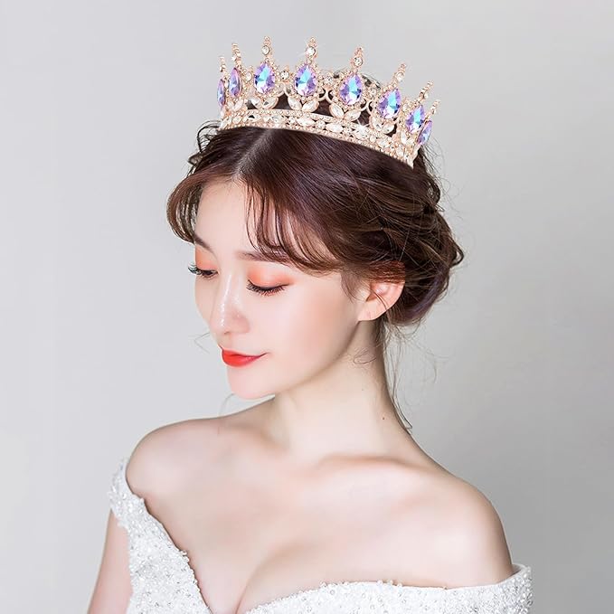 Queen Crown Rhinestone Wedding Crowns and Tiaras for Women Costume Party Hair Accessories Princess Birthday Crown Crystal Bridal Crown (Rose Gold Crown-Violet)