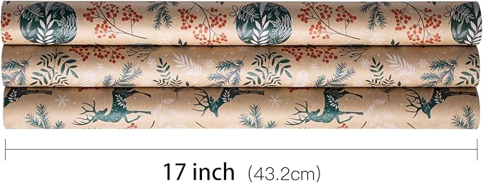 RUSPEPA Christmas Kraft Wrapping Paper Roll - Mini Roll - 17 inches x 10 feet per Roll, Total of 3 Rolls - Berry Leaves and Reindeer