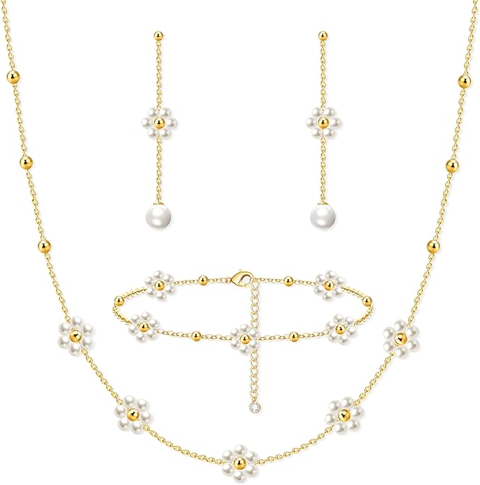 Zeffy Gold Pearl Necklace for Women, Dainty 14K Gold/Silve Plated Layered Pearl Choker Pearl Earrings Pearl Bracelets Wedding Trendy Gold Jewelry Set for Women Gifts