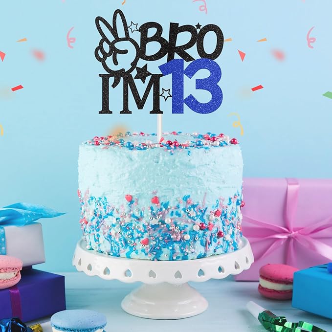 Bro I'm 13 Cake Topper, 13th Birthday Decorations for Boy, Glitter Funny 13th Birthday Cake Topper, Big Brother 13 Year Old Birthday Party Decoration Supplies