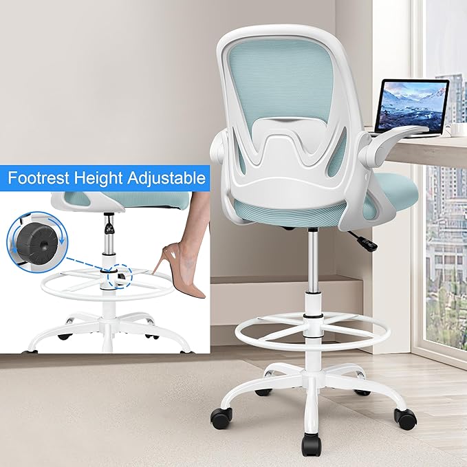 Drafting Chair Tall Office Chair with Flip-up Armrests, Adjustable Height, and Enhanced Lumbar Support - Ergonomic Rolling Stool, Back Support, and Adjustable Foot Rest Ring Light Blue