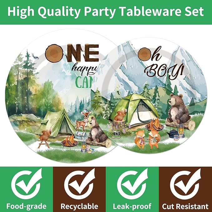 One Happy Camper Birthday Decorations - 96PCS One Happy Camper Plates and Napkins Party Supplies 1st Birthday Decorations Boy Adventure Camping Disposable Tableware Set Serve 24 Guests