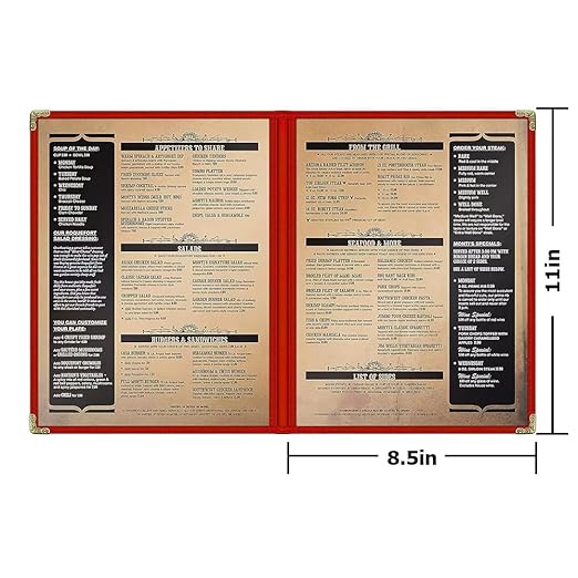Goodsmart Restaurant Menu Covers - 25 Pack Red 2-Page/4-View 8.5" x 11", Side-Loading Vinyl Menu Holders, Clear Sleeves, Double-Stitched Edge, Leather-Style Café Menu Covers with Gold Corners
