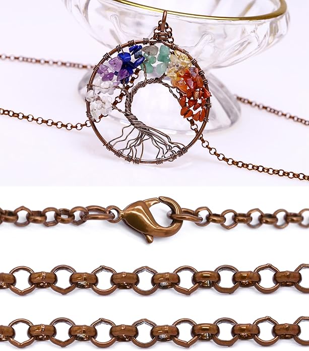 7 Chakra Gemstone Healing Crystals Necklace - Copper Wire Wrapped Natural Unisex Hippie Leather Choker