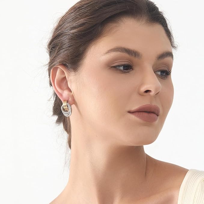 Knot Link Earrings Chunky, Circle Drop Dangle Statement Studs for Women, Silver and Yellow