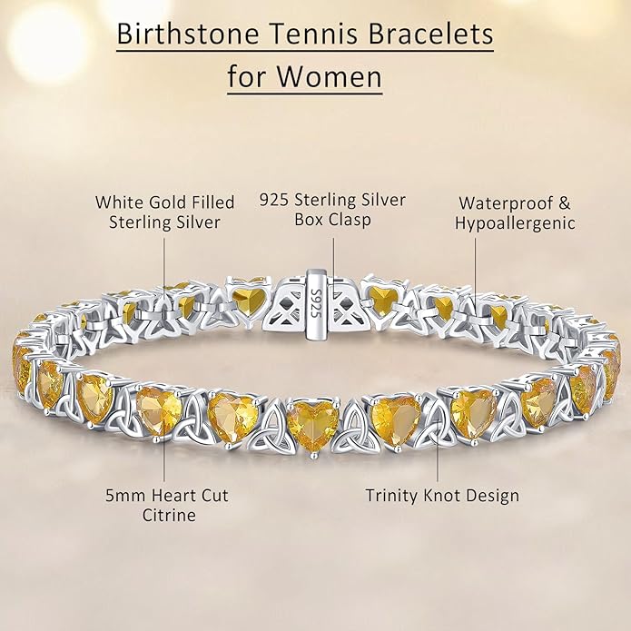 Birthstone Tennis Bracelets for Women, 925 Sterling Silver Heart Shaped Celtic Trinity Knot, 7 Inch Charm Trendy Hypoallergenic Anniversary Birthday Gifts for Her