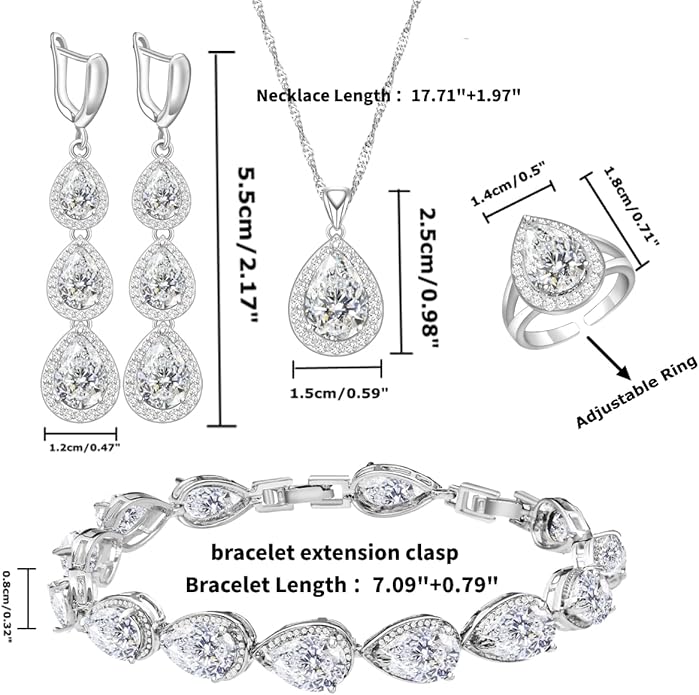 LMXXVJ Necklace Long Earrings Bracelet Set, White Gold Plated Created Blue Sapphire Jewelry Set Wedding Party Gift Jewelry for Women Bridal Bridesmaid