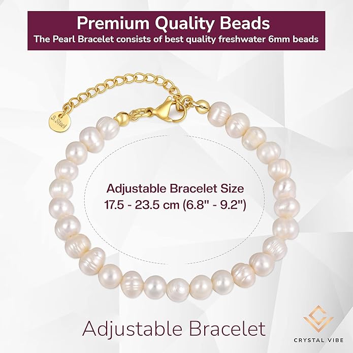 Crystal Vibe White Freshwater Pearl Bracelets for Women - Pearl Bracelet with Adjustable Golden Clasp - Gifts for Women - Gifts for Birthdays Anniversary Freindship