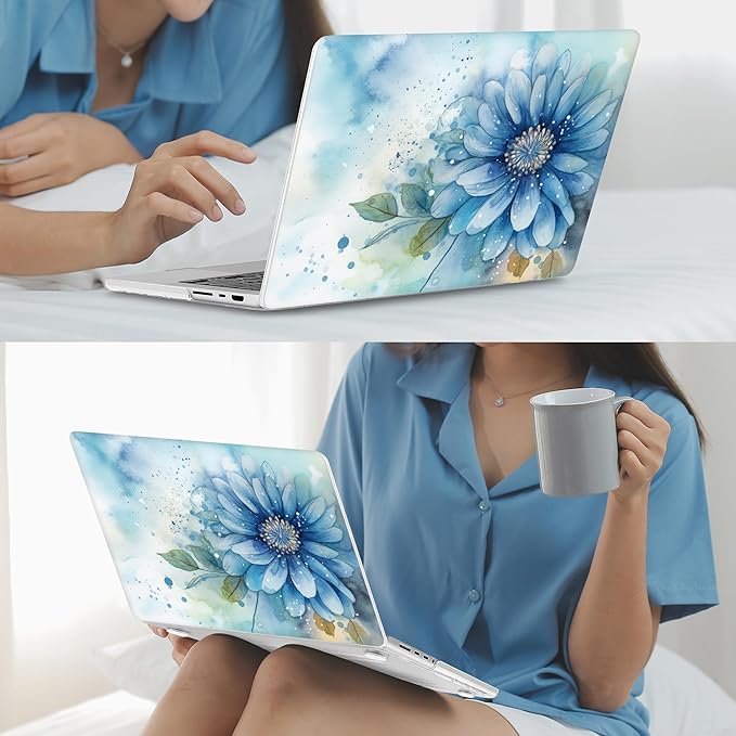 Mektron Case for MacBook Pro 16" M4 A3403 A3186 M3 A2991 M2 A2780 M1 A2485 (2021/2023/2024) Pro/Max with Touch ID, Hard Shell Plastic Laptop Cover Keyboard Cover, Watercolor Blue Flower