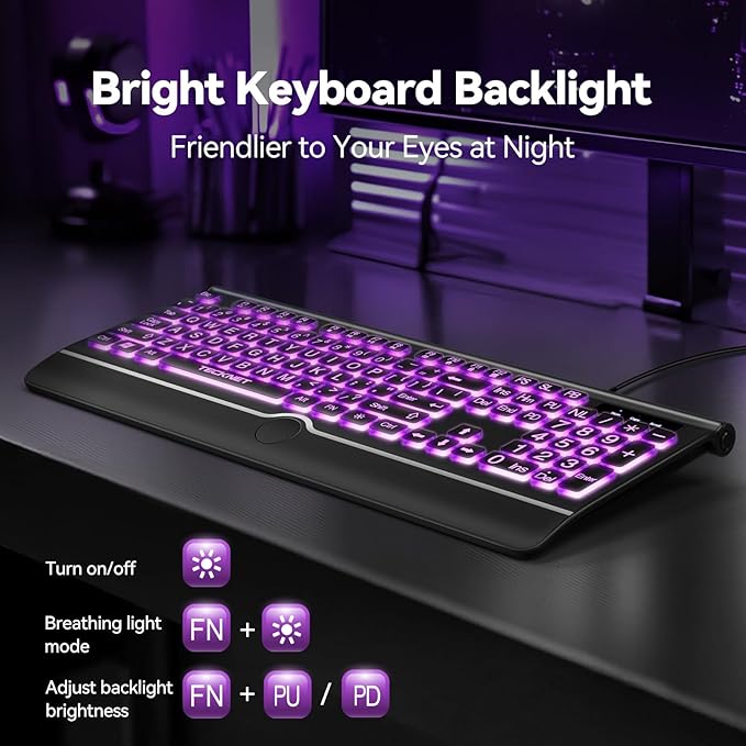 TECKNET Large Print Backlit Keyboard, Wired USB-A Computer Keyboard with Wrist Rest, 7-Color Backlit, Oversized Letter Keys Easy to See, Plug-and-Play, Silent, Foldable Stands for Windows/PC/Laptop