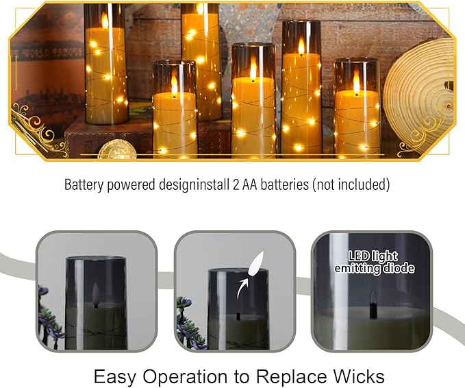 Flameless Candles with Embedded Star String, Battery Operated LED Pillar Candles with Timer and Remote Control,Home Decorating for Ambiance， Set of 7(Grey)
