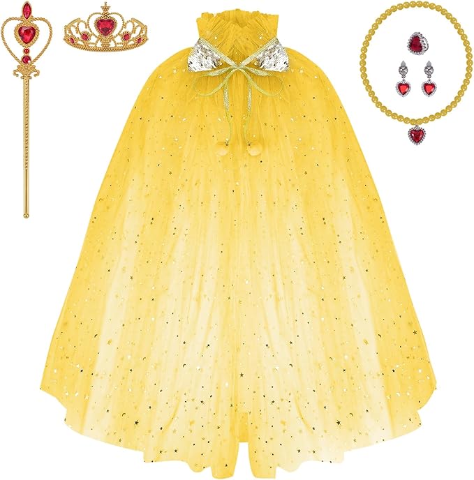 Princess Dress Up Clothes, 7pcs Princess Cape Crown with Wand for Girls 3-8 Years Toddler Princess Dress Up for Birthday Gift
