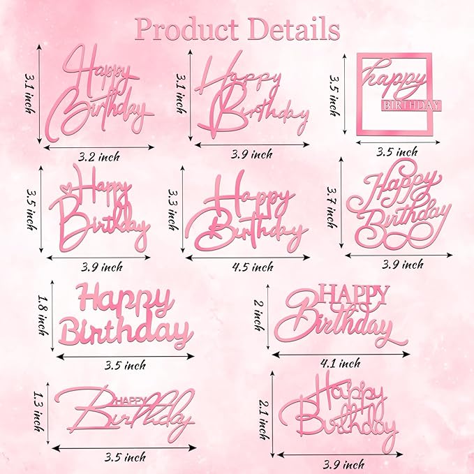 10 PCS Pink Birthday Cake Topper Mirror Acrylic Happy Birthday Cake Toppers Double-Sided Dessert Decorations for Girls Women's Party Supplies Cake Charm Supplies for Birthday Party