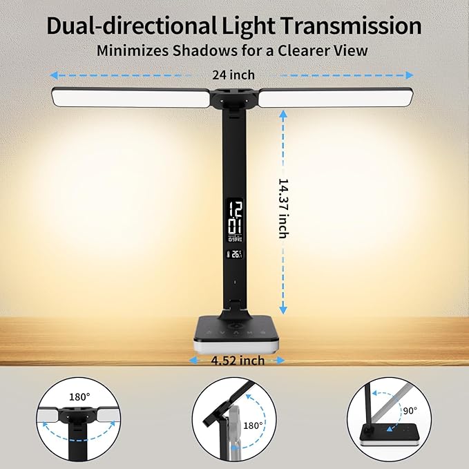 LED Desk Lamp with Charger, USB Charging Port, Dual Swing Arm Desk Light with 5 Brightness, 3 Colors, Table Lamp with Clock, Alarm, Date, Temperature, Desk Lamp for Home Office Study (Black)