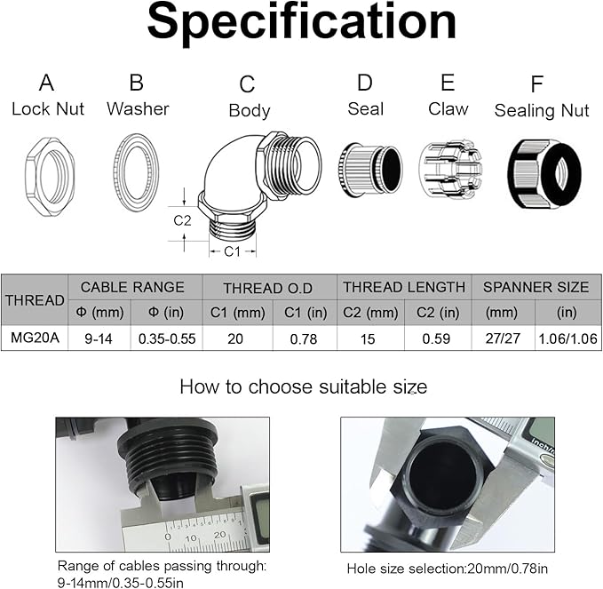 LeMotech M20 Cable Gland, 90 Degree Adjustable 9-14mm Strain Relief, Cord Connectors Nylon Joints with Gaskets, 2 Pcs, Black