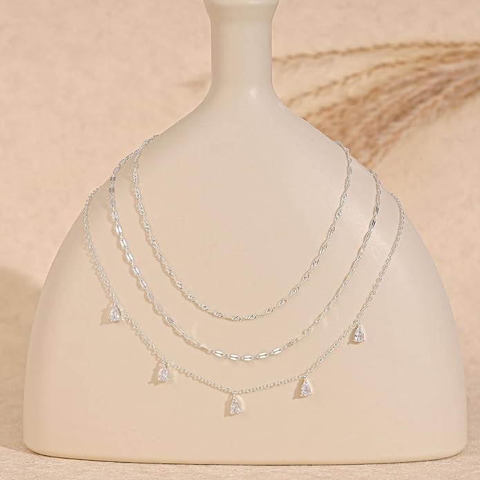 Layered Necklaces for Women, Dainty Gold Necklace Stack 14k Gold Plated Layering Cubic Zirconia Choker Necklaces for Women Trendy Simple Layered Gold Necklace Set Fashion Jewelry