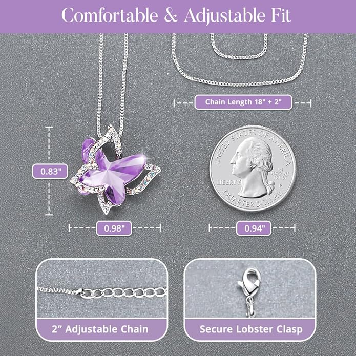Valentine's Day Gift Butterfly Birthstone Crystal Necklace, Silver Tone with 18”+2” Chain, Necklace for Mother’s Day Anniversary Birthday Gifts for Women and Daughter
