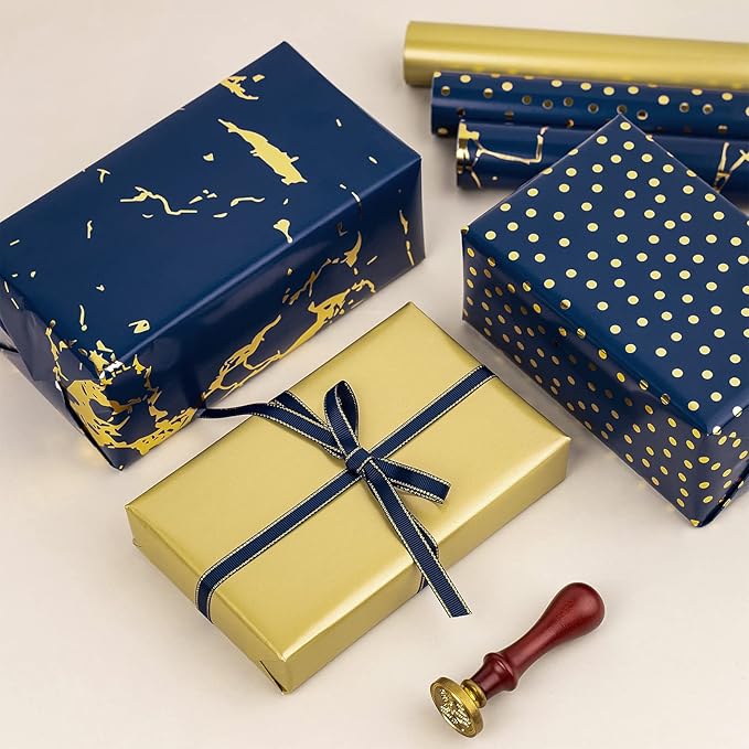 MAYPLUSS Wrapping Paper Roll - Navy Blue and Gold Wrapping Paper - 17" x 120" Per roll - Navy Gold Polka Dot Gold Foil for Birthday,Wedding,Baby Shower,Men(3 Rolls 42.3 sqft)