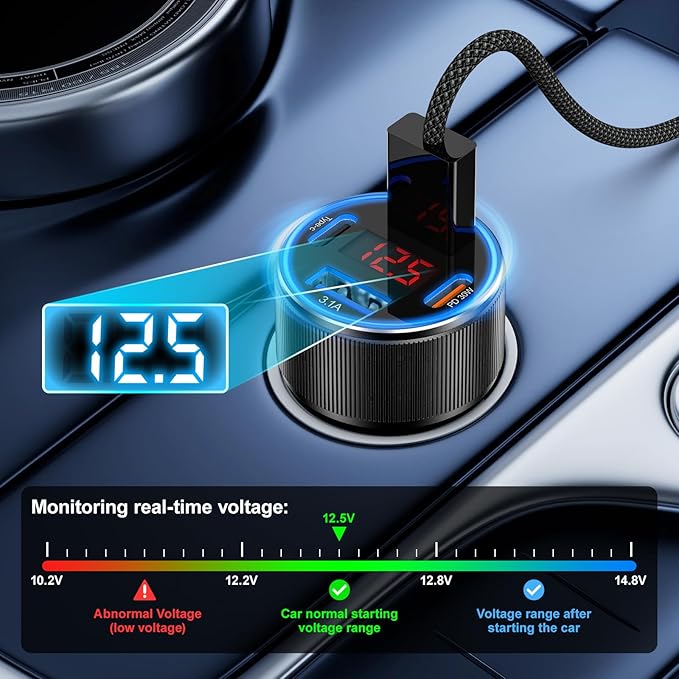 Car Charger for iPhone 16 15 Pro Max, Besgoods 4-Port Cigarette Lighter Adapter USB C & USB A Car Phone Charger Fast Charging Voltmeter for Galaxy S24 S23 A15 A54 Android, 6ft USB C to C Cable