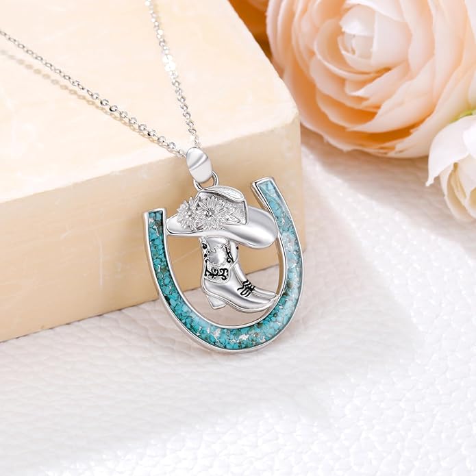 Western Cowboy Necklace 925 Sterling Silver Horseshoe Pendant Western Jewelry Cowgirl Gifts for Women Girlfriend Cowboy Cowgirl