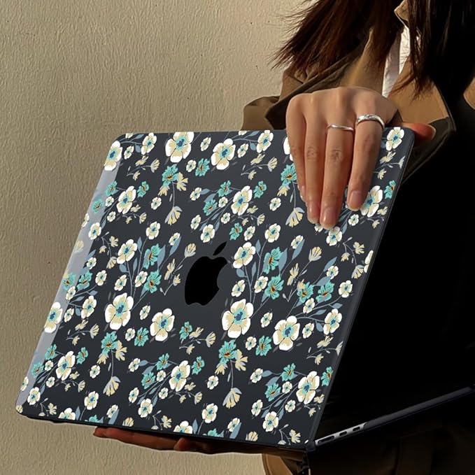 for MacBook Air 13 inch Case 2021 2020 2019 2018 Release M1 A2337 A2179 A1932, Pritned Pattern Plastic Hard Case Cover for MacBook Air 13 M1 with Retina Display Touch ID, Small Green Flowers