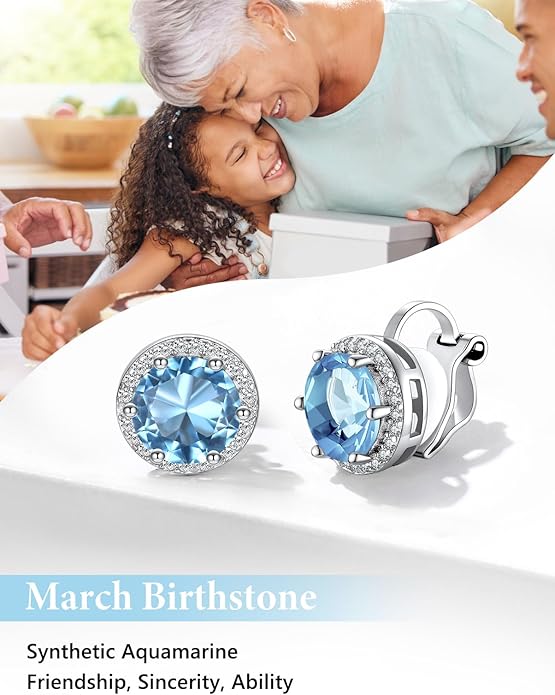 Silvora 925 Silver 8MM Cubic Zirconia Birthstone Clip On Stud Earrings Round Non Pierced Earrings For Women,Come with Box