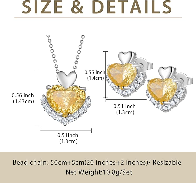 Love Heart Necklaces and Earrings with Rose Cut Birthstone Silver Plated Elegant Jewelry Set for Women CS0002