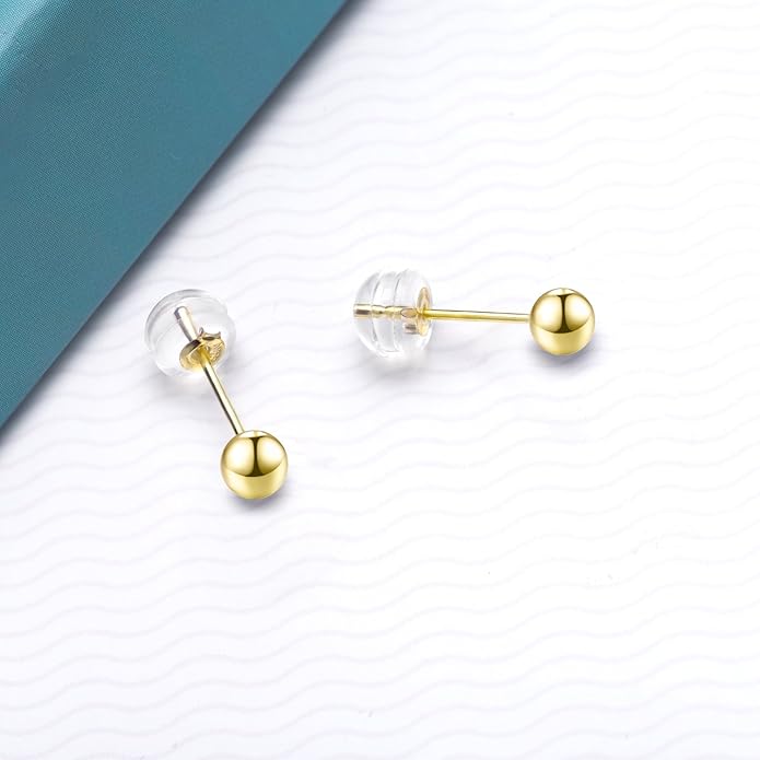 SISGEM Real 14k Yellow Gold Heart Necklace and 18k Gold Ball Earrings Set for Women