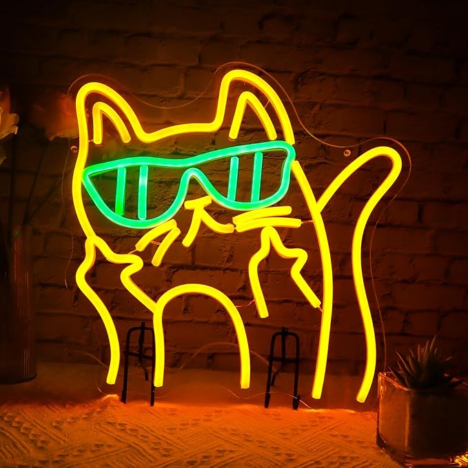 Cat Sunglasses Neon Sign - Cartoon Cat LED Wall Light/USB Powered, Hanging Kit Included/Edgy Decor for Teen Bedrooms, Urban Cafes & Fashion Stores