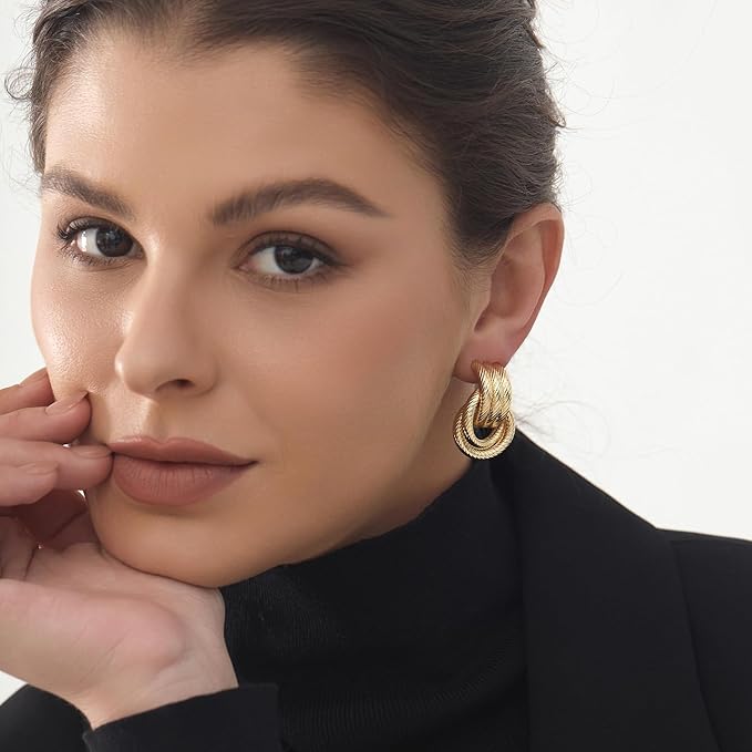 Chunky Knot Link Earrings, Twisted Circle Geometric Drop Dangle Earrings Studs, Women's Jewelry_L Size