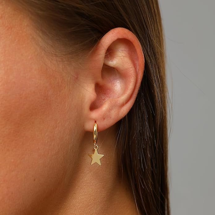 XYJZXY Gold Huggie Small Hoop Earrings with Charm Personalized Snake/Evil Eye/Star/Cross/Lock/Key 18k Gold Plated Crystal Drop Dangle Earrings for Women