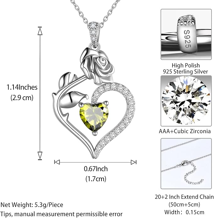 Jewmon Valentine Day Gifts for Her Rose Heart Birthstone Necklace for Women 925 Sterling Silver Birth Stone Flower Rose Necklace Anniversary Love GIfts for Girlfriend Wife Mom Birthday Gifts for Her