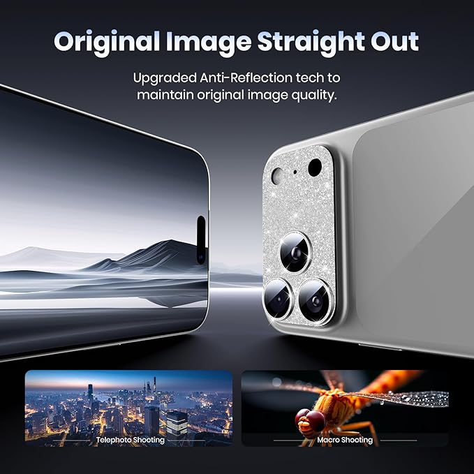 Hoerrye for iPhone 17 Pro Camera Lens Protector - [12FT Shatterproof Military Grade] [Strong Adsorption] Metal Top 9H+ Tempered Glass Camera Screen Full Cover Case Friendly,Glitter Silver