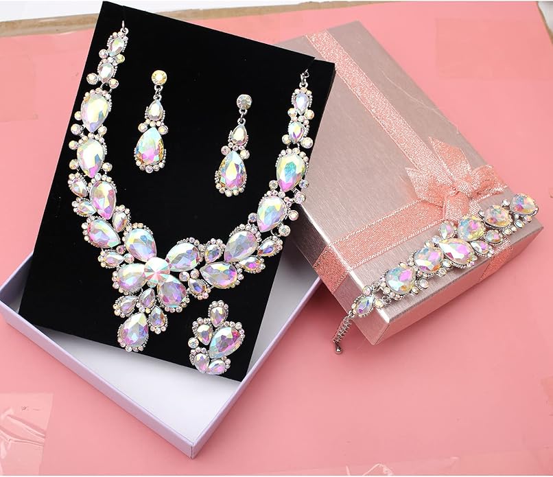 Women's Wedding Bridal Austrian Crystal Glass Teardrop Statement Necklace Dangle Earrings Bracelet Ring Wedding Party Jewelry Set for Bridal Bridesmaid