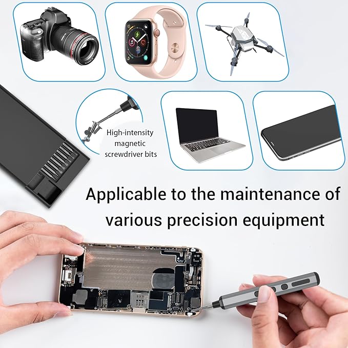Mini Electric Screwdriver Set for Phone Watch Electronics PC Glasses with 68-in-1 Magnetic precision S2 bits, Adjustable Torque LED lights, Cordless Portable long runtime Rechargeable Type-C port