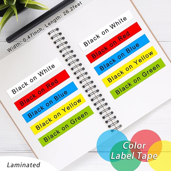 UNOKA Ptouch Label Maker Refills, Replace for Brother Tze Tz Tape 12mm 0.47 Laminated Color(White/Clear/Red/Blue/Yellow/Green) for PTD220 PT-D210 PTH110, School Supplies, 1/2" x 26.2', 6PK