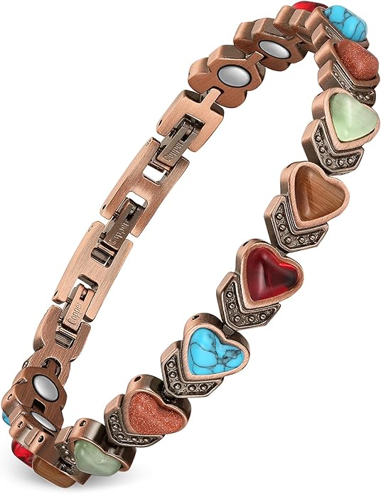 Feraco Pure Copper Bracelets for Women, Ultra Strength Magnetic Bracelet with 3800 Gauss Magnets & Natural Turquoise & Stones, Adjustable, Jewelry Gift