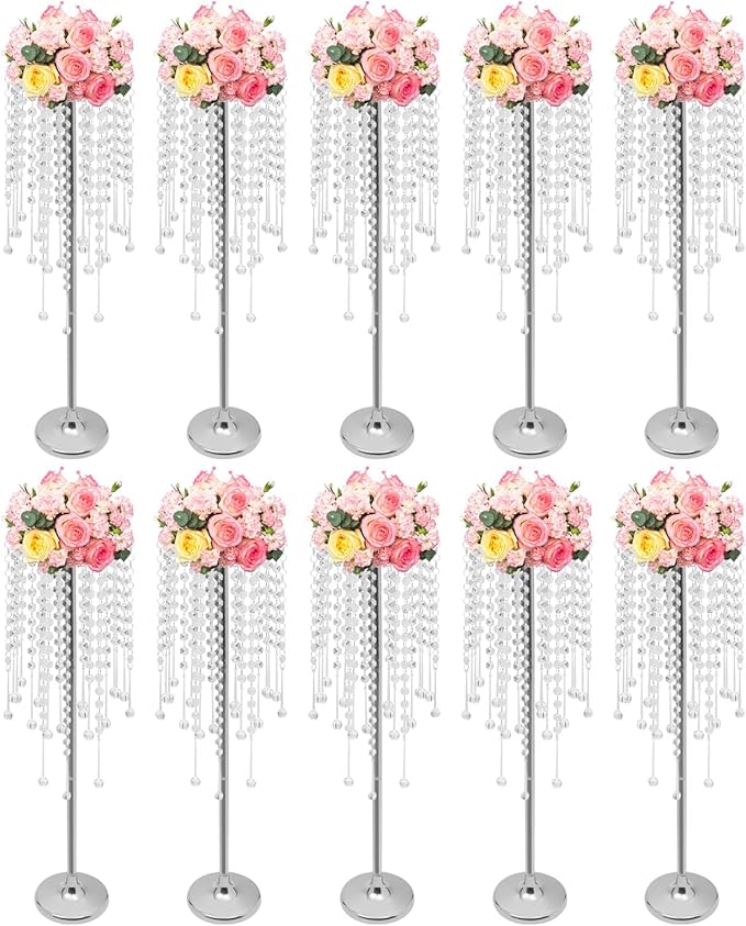 Wedding Centerpieces Silver Vases,10PCS Metal Flower Candle Holder with Sparkling Crystal Beads,Crystal Flower Vase Metal Flowers Stand for Party Tables Decorations (10PCS-Silver)