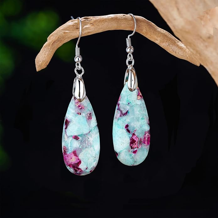 Boho Women Natural Stone Earrings Unique Healing Imperial Jasper Gemstone Energy Hypoallergenic Lightweight Dangle Drop Earrings Multiple Styles Earrings Jewelry for Birthday Party Gift