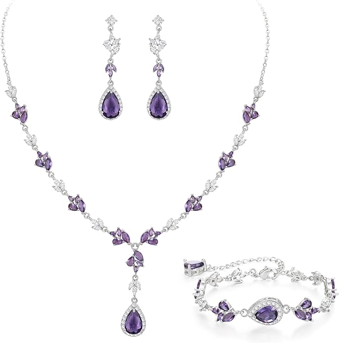 Crysdue Teardrop Bridal Jewelry Set for Wedding Party, Silver/14K/Rose Gold Plated Prom Costume Jewellery for Bride Bridesmaids Women, Cubic Zirconia Necklace Dangle Earrings Bracelet