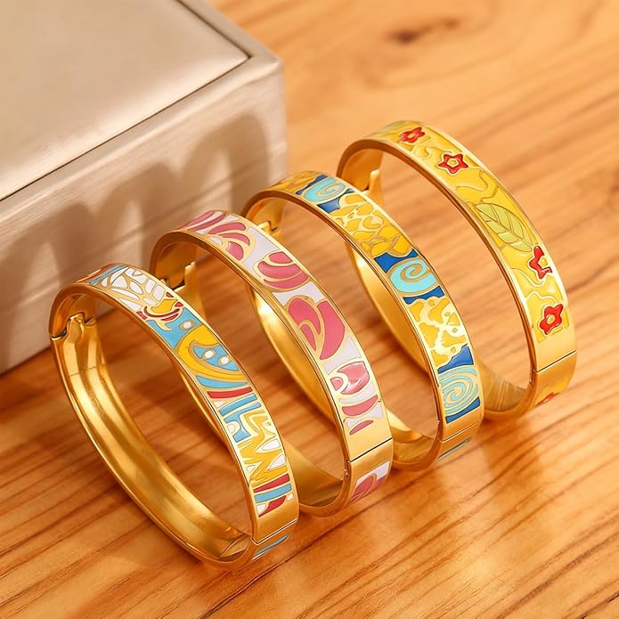 Enamel Bangle Set, 18K Gold Plated Stainless Steel, 4-Piece Bracelet Handcrafted Gorgeous Collection with Abstract and Floral Patterns, 6-7 Inch Wrist Size, Women's Fashion Jewelry