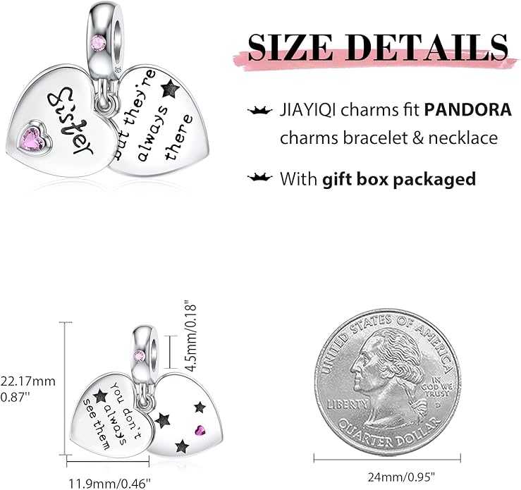 JIAYIQI Mother Sister Daughter Wife Charms Fit Charms Bracelet Necklace with Double Heart Love Charms 925 Sterling Silver Beads for Women Jewelry