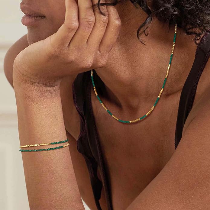 MTMY Beaded Gemstone Choker Necklace for Women, 14K Gold Plated Boho Colorful Natural Stone Bead Chain Necklace Summer Beach Handmade Jewelry