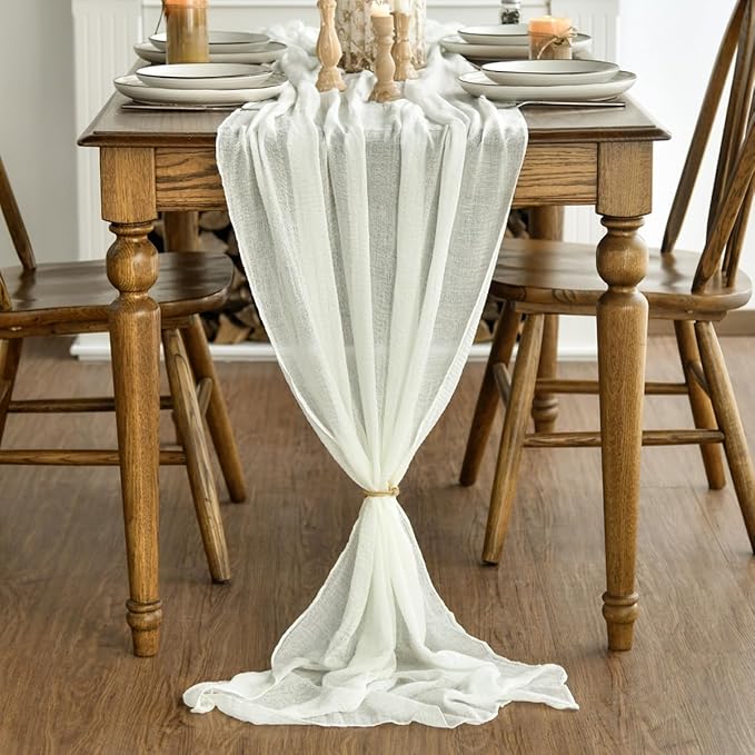 Artoid Mode Boho Cheesecloth Gauze Ivory Wedding Table Runner, 120 Inch Seasonal Fabric Kitchen Dining Holiday Table Decor for Home Party Indoor