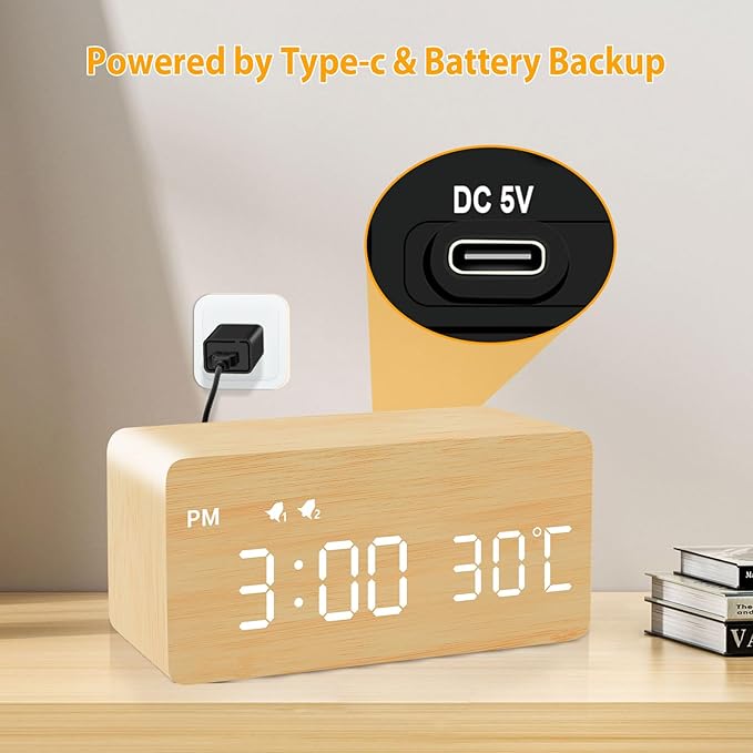 MOSITO Digital Wooden Alarm Clock with Wireless Charging, 0-100% Dimmer, Dual Alarm, Weekday/Weekend Mode, Snooze, Wood LED Clocks for Bedroom, Bedside, Desk, Kids (Bamboo)