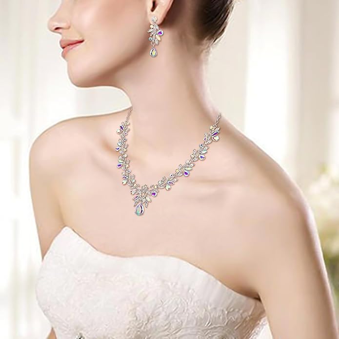 BriLove Women's Wedding Jewelery Set Leaf Flower Crystal Teardrop Marquise Cluster Pendant Necklace Dangle Earrings for Bridal Party