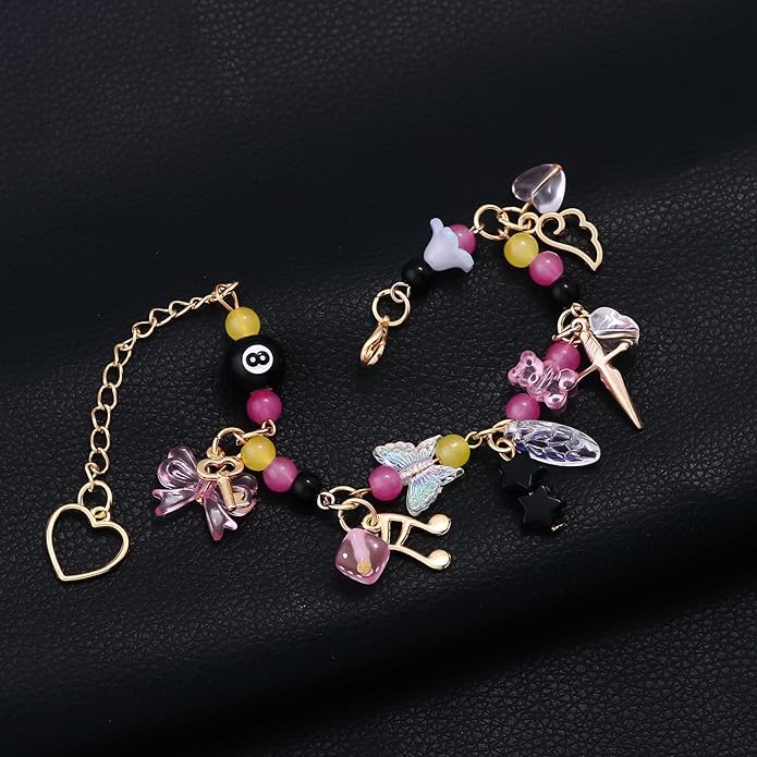 Black 8 Ball Charm Bracelet - Y2K Bow Dopamine Leaf Star Bracelets - Gift for Sister Bestie Friend